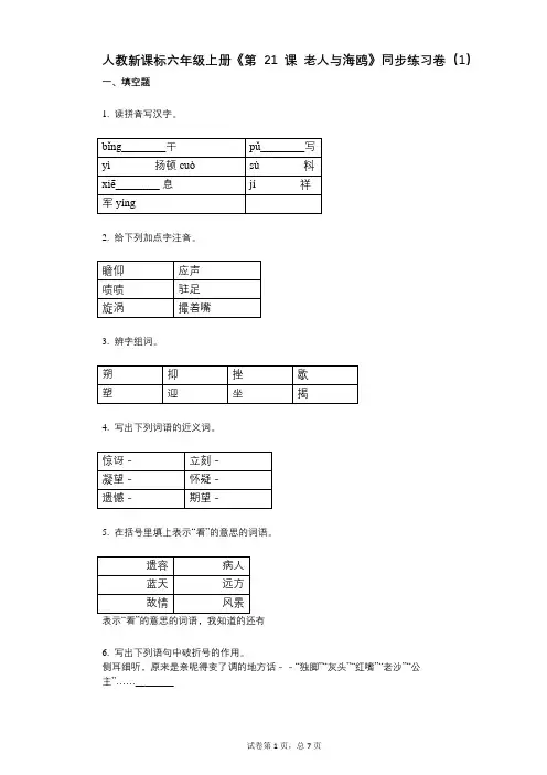 人教新课标六年级上册《第21课_老人与海鸥》小学语文-有答案-同步练习卷(1)
