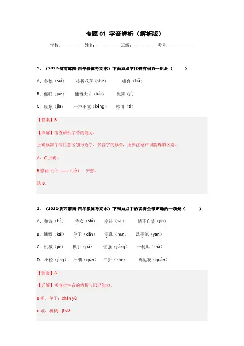 专题01 字音辨析-语文专项训练试卷(解析版)(2)