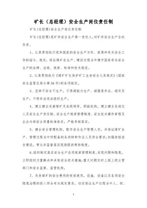 矿长(总经理)安全生产岗位责任制
