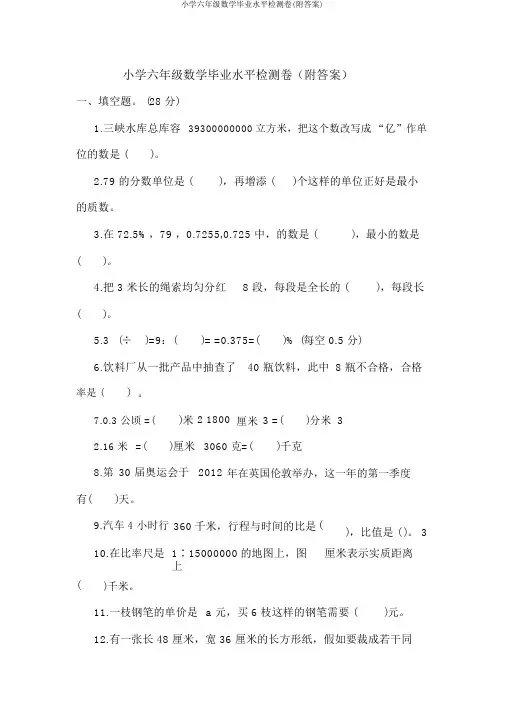 小学六年级数学毕业水平检测卷(附答案)