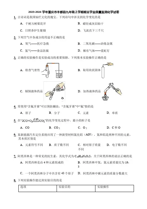 2023-2024学年重庆市丰都县九年级上学期期末学业质量监测化学试卷