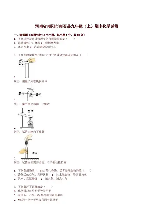 河南省南阳市九年级化学上册期末试卷_初中化学试题