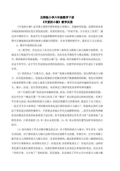 数学北师大版六年级下册可爱的小猫教学反思