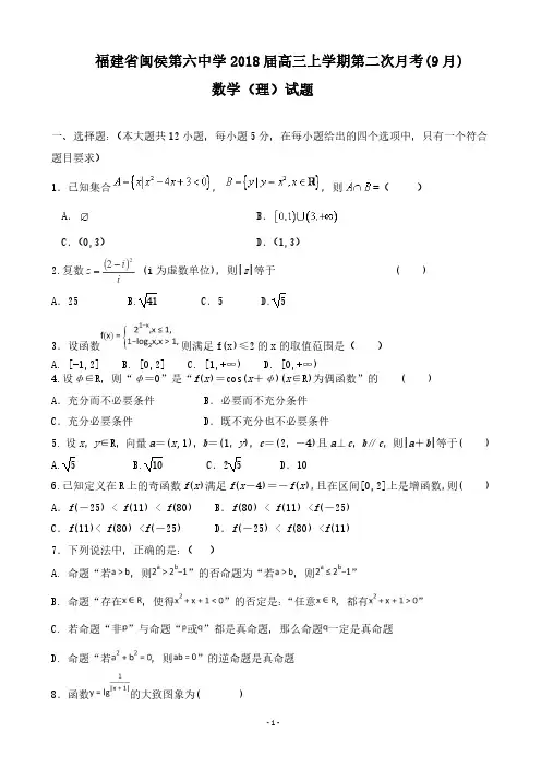福建省闽侯第六中学2018届高三上学期第二次月考(9月)数学(理)试题 PDF版含答案
