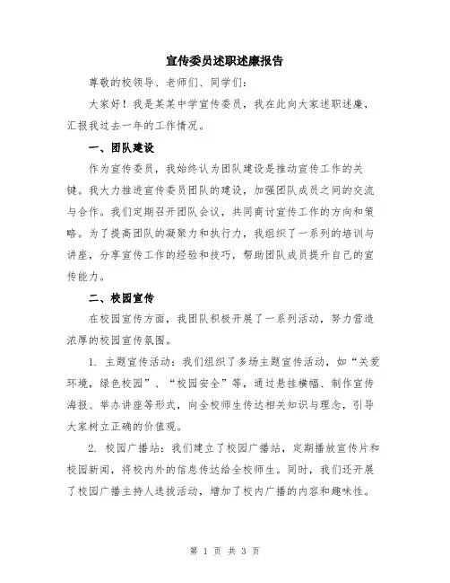 宣传委员述职述廉报告