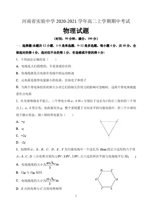 河南省实验中学2020-2021学年高二上学期期中考试物理试题 含答案