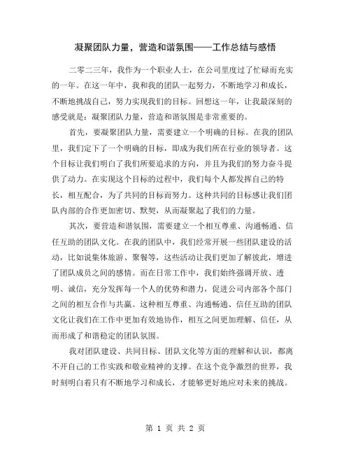 凝聚团队力量,营造和谐氛围——工作总结与感悟