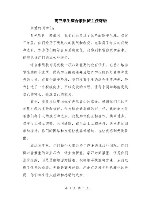 高三学生综合素质班主任评语