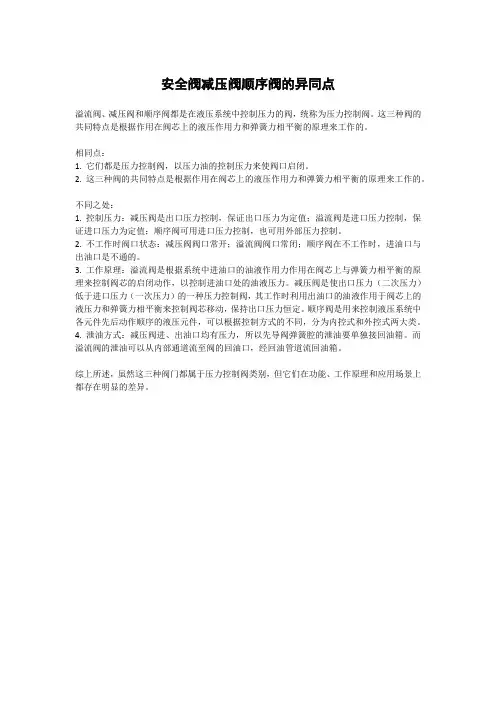 安全阀减压阀顺序阀的异同点