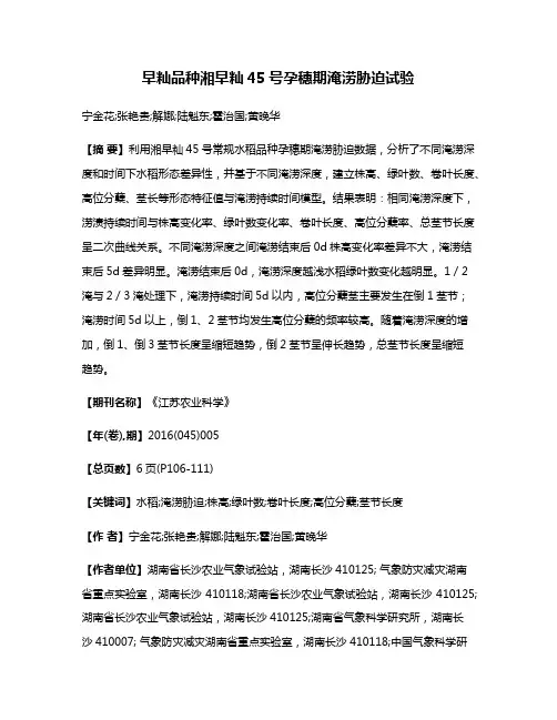 早籼品种湘早籼45号孕穗期淹涝胁迫试验