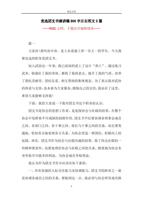 竞选团支书演讲稿800字左右范文5篇
