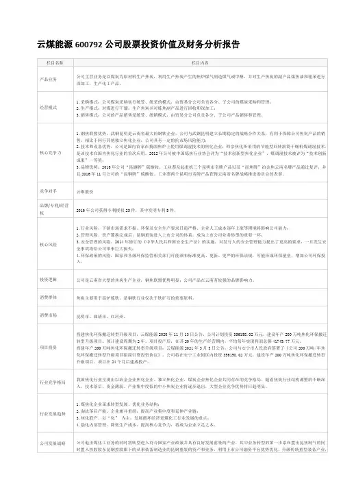 云煤能源600792公司股票投资价值及财务分析报告