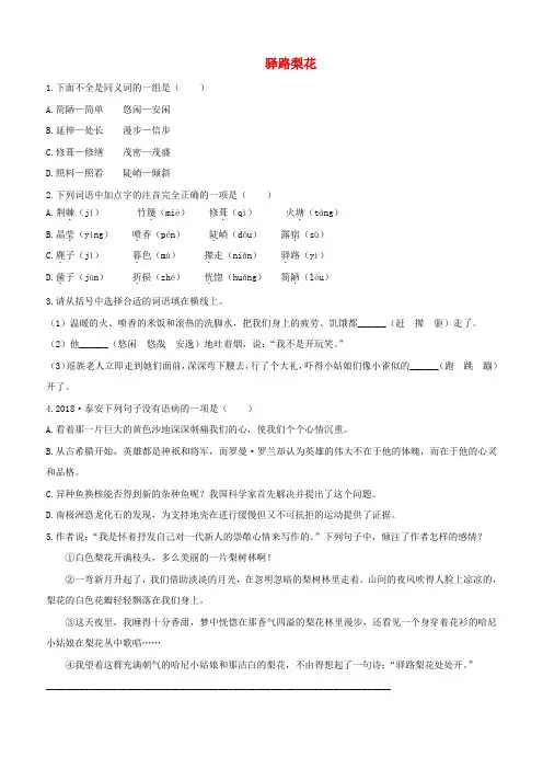 人教版七年级语文下册第四单元14驿路梨花检测试卷(含答案)