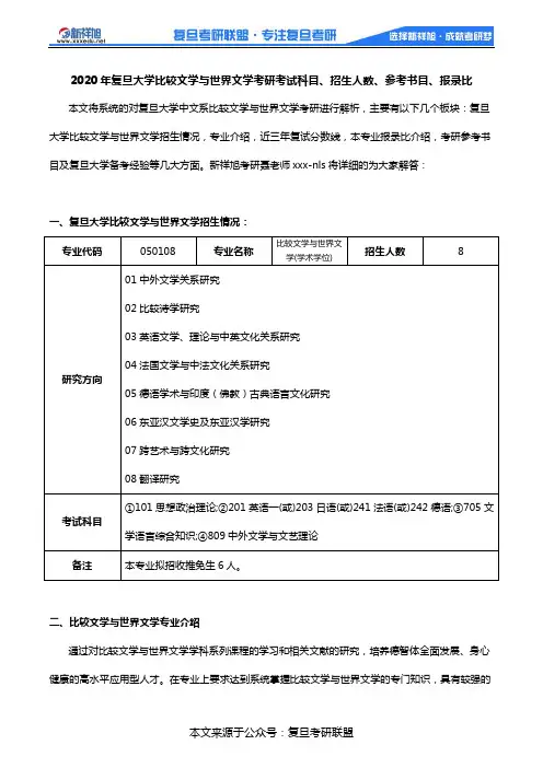 2020年复旦大学比较文学与世界文学考研考试科目、招生人数、参考书目、报录比