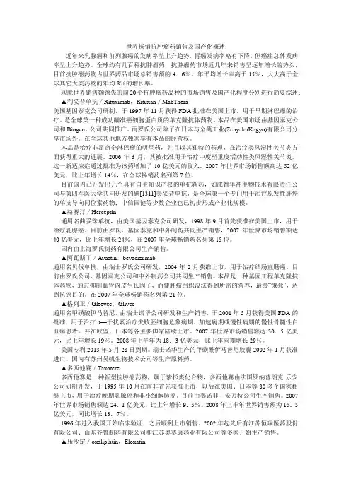 世界畅销抗肿瘤药销售及国产化概述