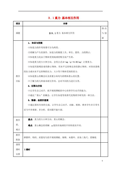 安徽省长丰县高中物理第三章相互作用3.1重力基本相互作用教案新人教版必修1课件 2
