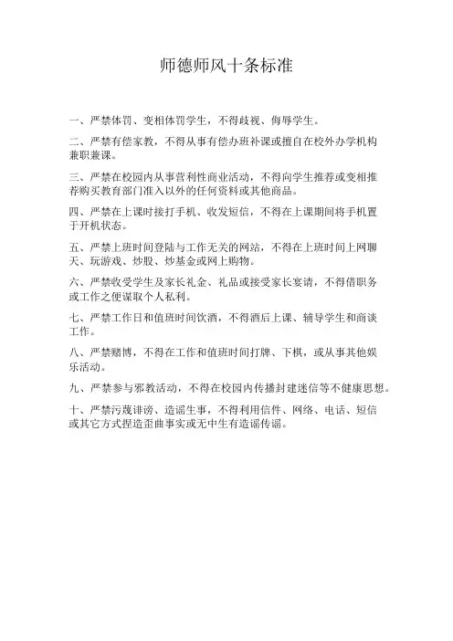 师德师风十条标准(制度牌)