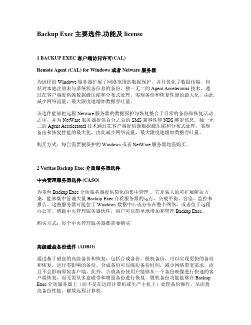 Backup Exec主要选件,功能及license情况