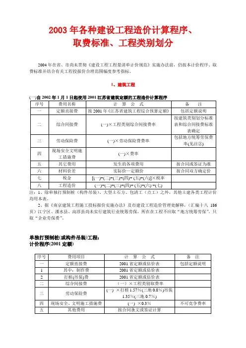 2003年建设工程取费标准、工程类别划分