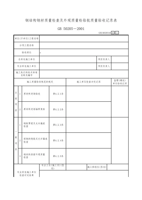 钢结构钢材质量检查及外观质量检验批质量验收记录表