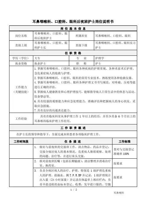 医院耳鼻咽喉科、口腔科、眼科后夜班护士岗位说明书(专业完整模板)
