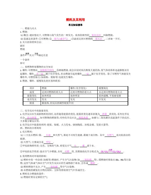 人教版九年级化学上册第七单元燃料及其利用知识清单