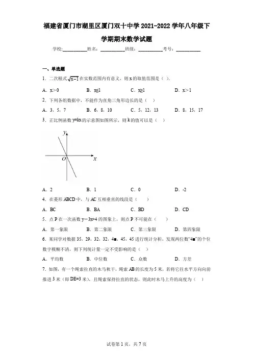 福建省厦门市湖里区厦门双十中学2021-2022学年八年级下学期期末数学试题