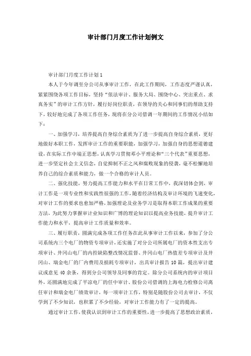 审计部门月度工作计划例文