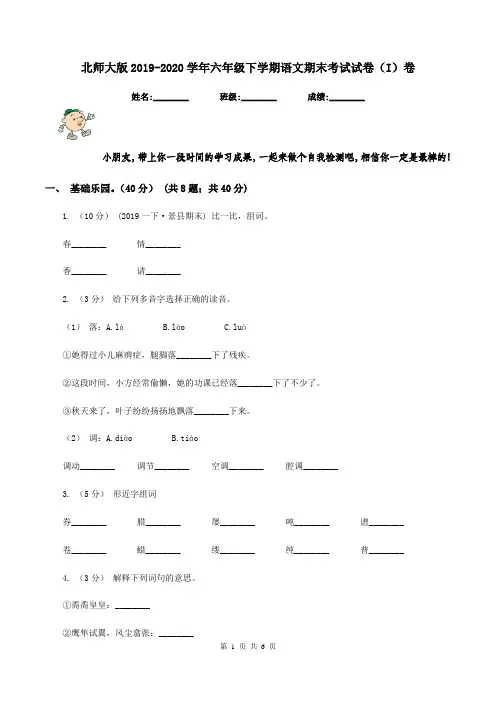 北师大版2019-2020学年六年级下学期语文期末考试试卷(I)卷