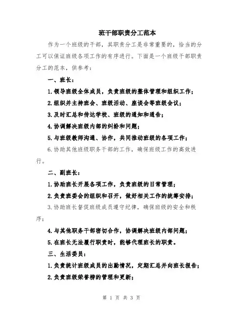 班干部职责分工范本