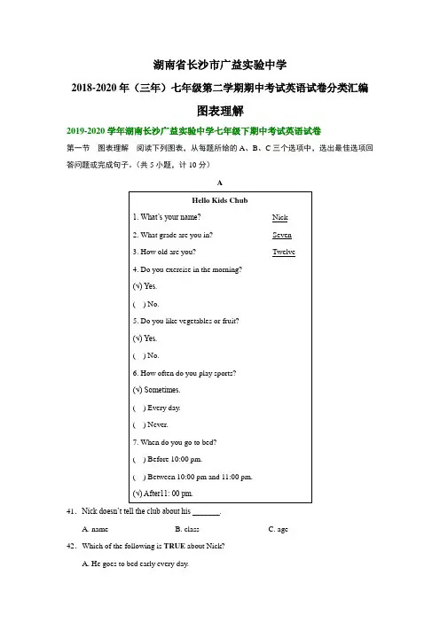 湖南省长沙市广益实验中学2018-2020年(三年)七年级下学期期中考试英语试卷分类汇编：图表理解