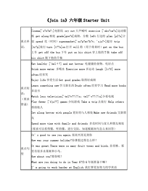 新版join_in_六年级上册重点单词及句型整理