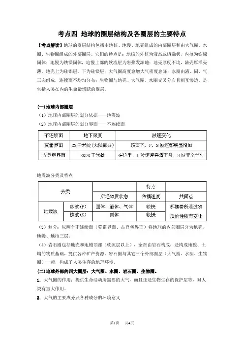 高中地理 考点四地球的圈层结构及各圈层的主要特点