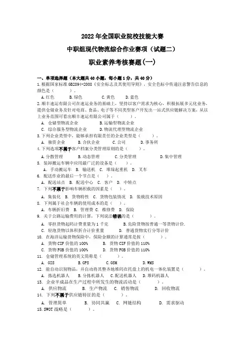 2022 年全国职业院校技能大赛(中职组)现代物流综合作业赛项职业素养考核赛题(02)