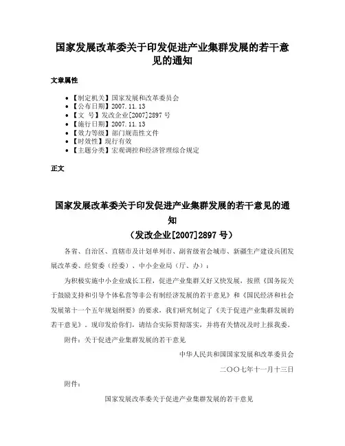 国家发展改革委关于印发促进产业集群发展的若干意见的通知
