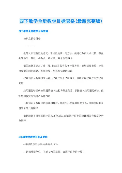 四下数学全册教学目标表格(最新完整版)