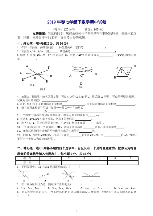 2019-2020年春七年级下册第二学期数学科试卷.doc