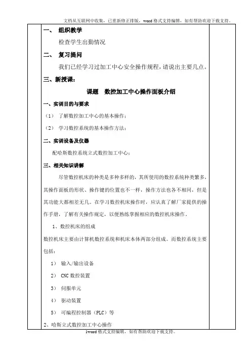 哈斯加工中心面板操作教案