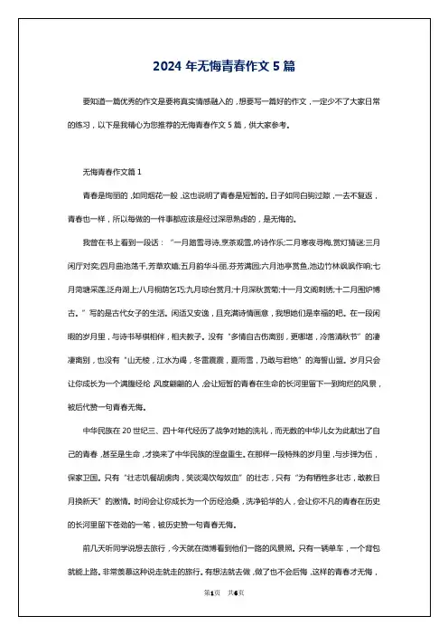 2024年无悔青春作文5篇