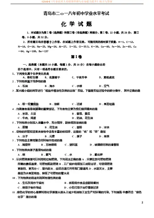 山东省青岛市2018年中考化学试题及答案(word版)