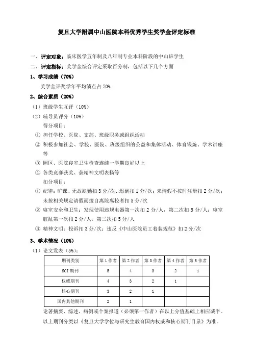 复旦大学附属中山医院本科优秀学生奖学金评定细则