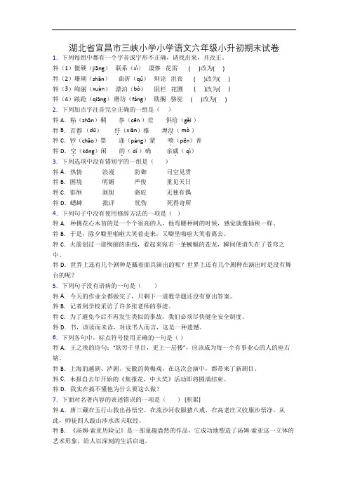 湖北省宜昌市三峡小学小学语文六年级小升初期末试卷