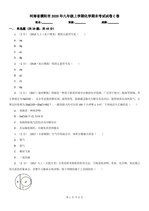 河南省濮阳市2020年九年级上学期化学期末考试试卷C卷
