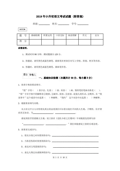 2019年小升初语文考试试题 (附答案)