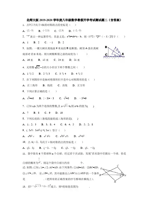 北师大版2019-2020学年度八年级数学暑假开学考试适应性训练题二(含答案)