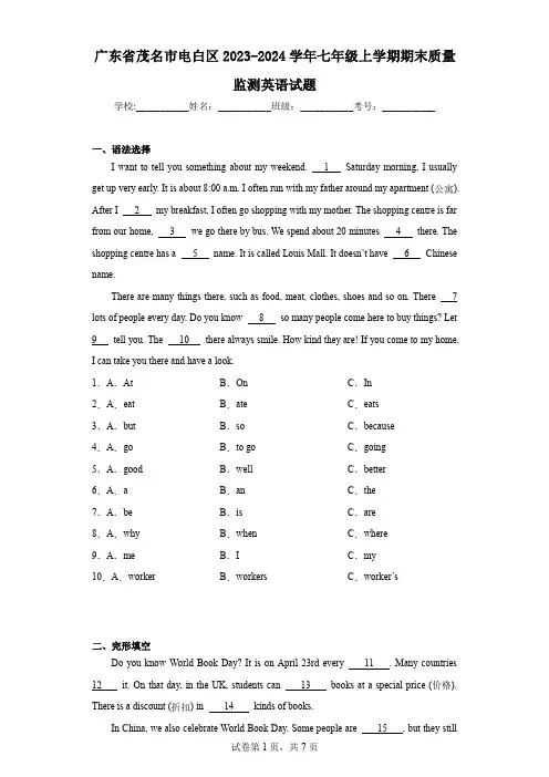 广东省茂名市电白区2023-2024学年七年级上学期期末质量监测英语试题