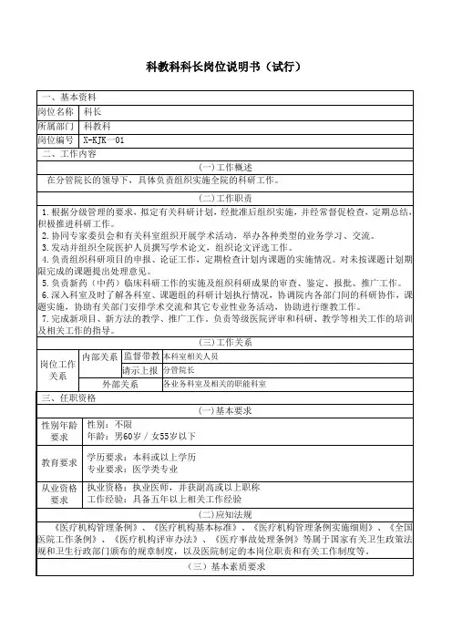 科教科科长岗位说明书