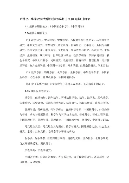 华东政法大学校定权威期刊及C级期刊目录