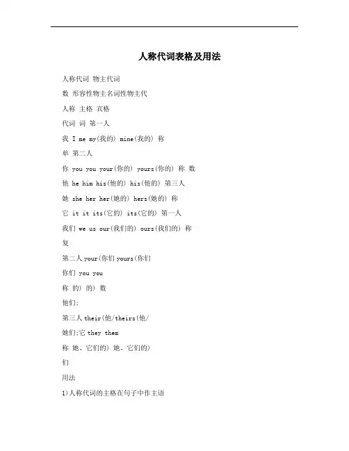 人称代词表格及用法