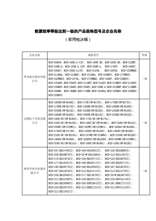 能源效率等级达到一级的产品规格型号及企业名称
